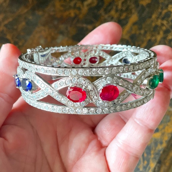 NWT Sterling Silver 925 Genuine Ruby/Emerald/Sapphire White Crystal wide bracele - Picture 1 of 15